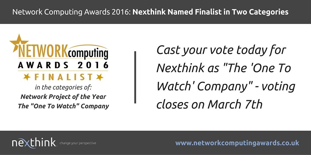 NexthinkNews's tweet image. Nexthink named finalist in two categories of The Network Computing Awards bit.ly/1LD9tD4 @NCMagAndAwards