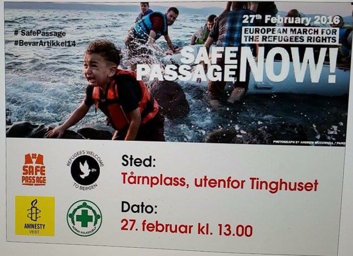 #Bergen #SafePassage #BevarArtikkel14 <a href="/norskfolkehjelp/">Norsk Folkehjelp</a> <a href="/AmnestyVest/">Amnesty Region Vest</a> <a href="/BergenTobby/">Tobby S. Tomassen</a>