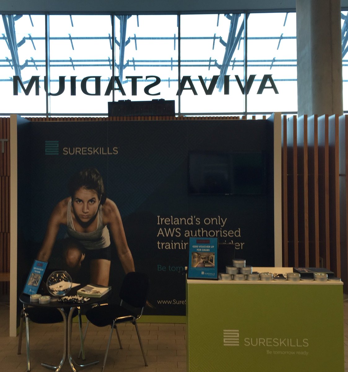 sureskills's tweet photo. All setup at the #AWSSummit in the @AVIVAStadium Come have a chat with our #Cloud experts #AWS #cloudcomputing https://t.co/dJXKngJnKg