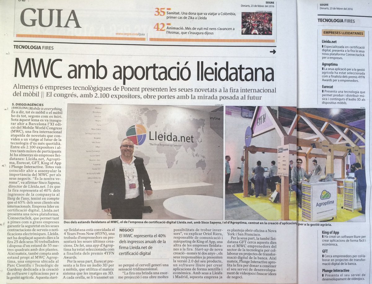 josepc's tweet photo. Enhorabona @lleidanet @Agroptima @Eurecat_news @gft_es @plungeint  @theKingofApp EmpresesLleidatanes @MWC_Barcelona https://t.co/qbdzL5xUbn