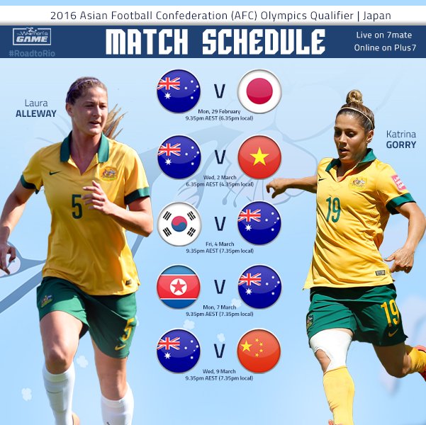TheWomensGame's tweet photo. Here is the #Matildas full match schedule for #AFCWOQ. Live on #7mate &amp; streaming online on Plus7. No excuses! ⚽🇯🇵🇦🇺 https://t.co/ygZjMk5Gpo