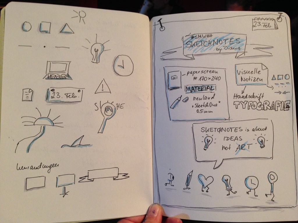computerkind's tweet photo. Neues gelernt, Spaß gehabt & erste Sketchnote im Leben gekritzelt. Danke @DianaSoriat #neuland #paperscreen #smwhh https://t.co/G1ZdBCFXGL