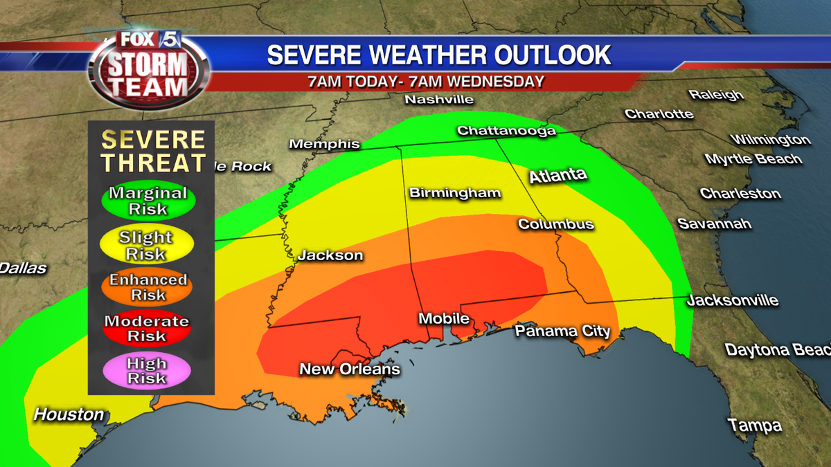 JoanneFOX5's tweet photo. Severe storm risk is highest along the Gulf Coast later today @GoodDayAtlanta https://t.co/TP6PKATQk1