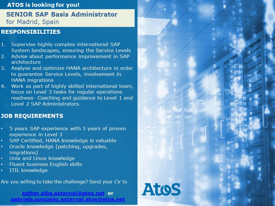 RecruitmentATOS's tweet photo. ATOS is looking for a SAP Basis Administrator based in Madrid
#Sap #it #atos #empleo @Saragonar https://t.co/j5dtkATWM7