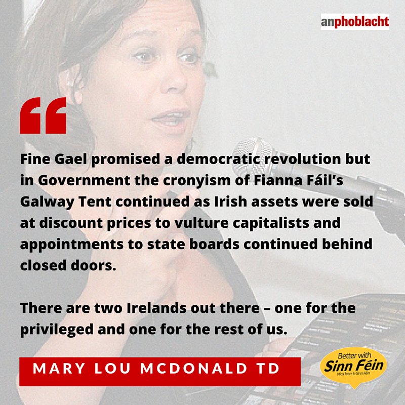 "People can reject Golden Circle politics of Fine Gael &amp; Fianna Fáil" <a href="/MaryLouMcDonald/">Mary Lou McDonald</a> sinnfein.ie/contents/38597 #GE16