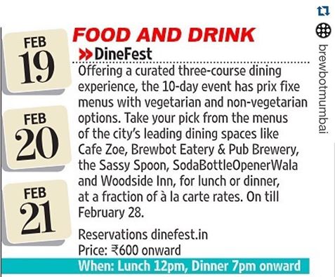 Dinefestin's tweet image. Thank you HT 48 Hours for the mention and thank you @brewbotmumbai for sharing!  #DineFest 19th-28th Feb 2016.