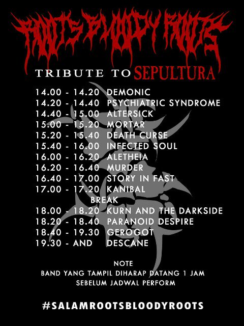 Berikut rundown untuk "Roots Bloody Roots" [Tribute to Sepultura] <a href="/KDS_progresive/">CRONICARIUM</a> <a href="/STORY_IN_FAST/">STORY IN FAST</a> <a href="/MURDERBAND/">MurderOfficial1</a>