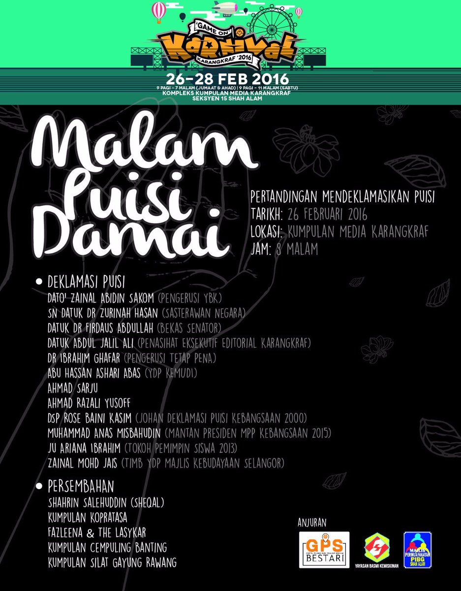 Malam Puisi Damai. Dataran Karangkraf. 26 Feb, 8.30malam. <a href="/FazleenaATL/">Fazleena&TheLasykar</a> berdendang bersama yang lain. Jom! 🌹