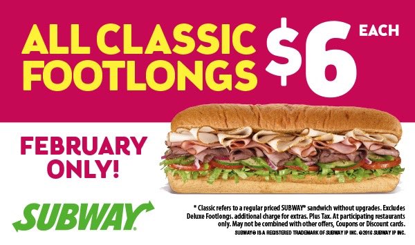 subwaytup_ox's tweet photo. The last day of Feb. is slowly approaching.Don't miss out on enjoying a footlong at Subway for $6 or less. https://t.co/LHZIXOJH5w