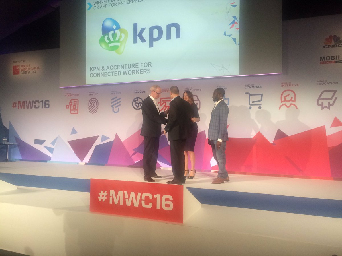 GSMA's tweet photo. Winner of Best Mobile Service or App for Enterprise is @KPN and @Accenture for Connected Workers #GMA16 https://t.co/RwVWyltKWU