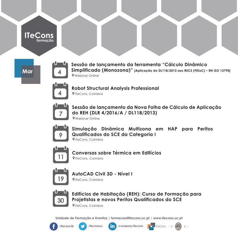 Calendário de Formação para o mês de Março. Mais informação em: itecons.uc.pt