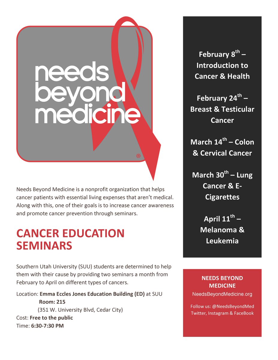 SUUClubs's tweet photo. Free cancer prevention seminars presented by Needs Beyond Medicine 6.30-7:30PM on the followed dates at the ED 215 https://t.co/Yg8UXD5W9W