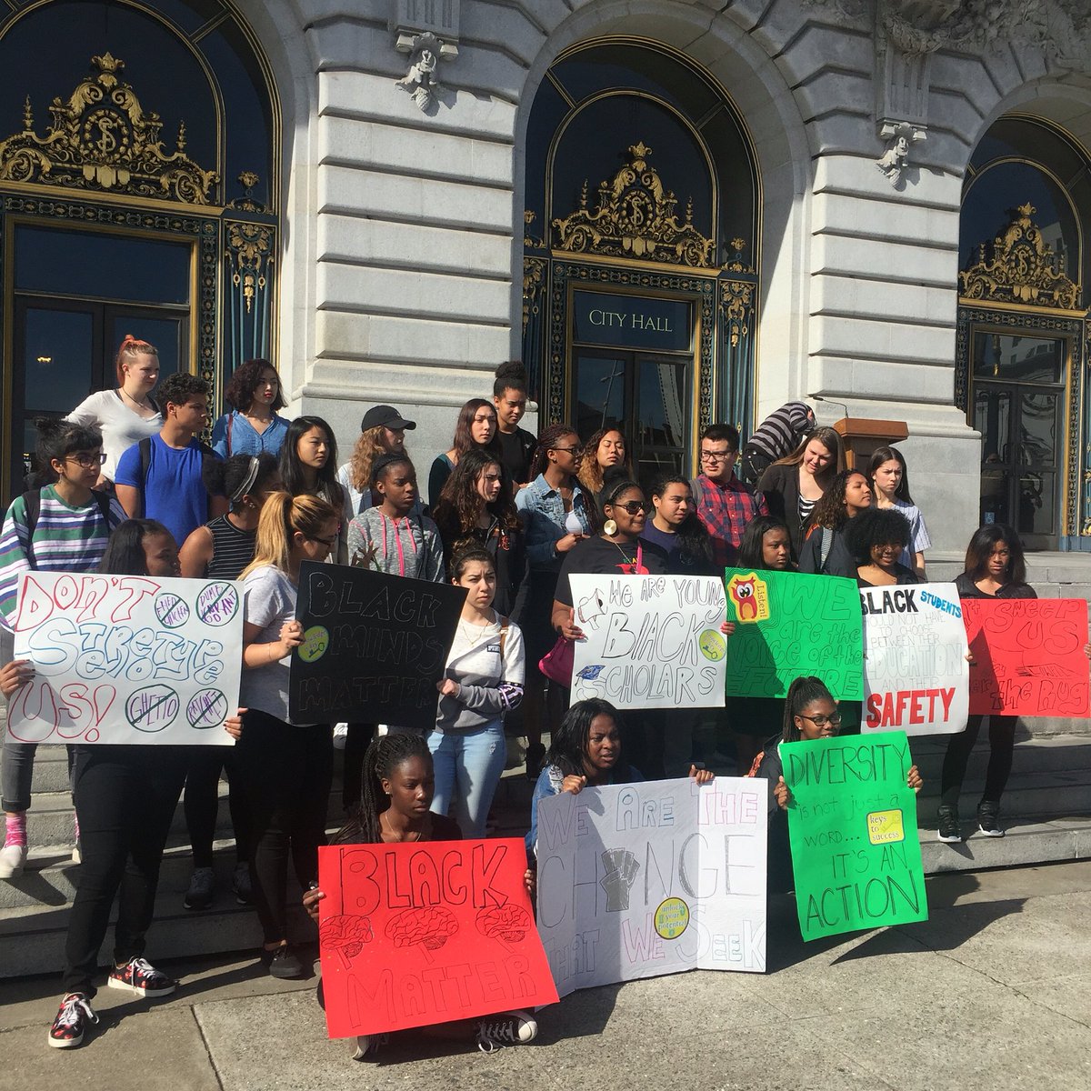 tigerbeat's tweet photo. Lowell students who walked out met by @PaulHendersonSF @NormanYeeSF City Hall #BlackMindsMatter #BHM #last3percent https://t.co/l67OYtaGk5