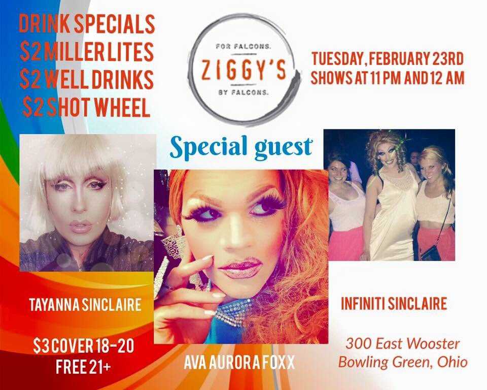 ZiggysBG's tweet photo. TONIGHT! #DragIsBack again! Shows at 11 and 12 - $2 well drinks, $2 shot wheel shots and $2 Miller Lite! https://t.co/FE3SN94Dt2