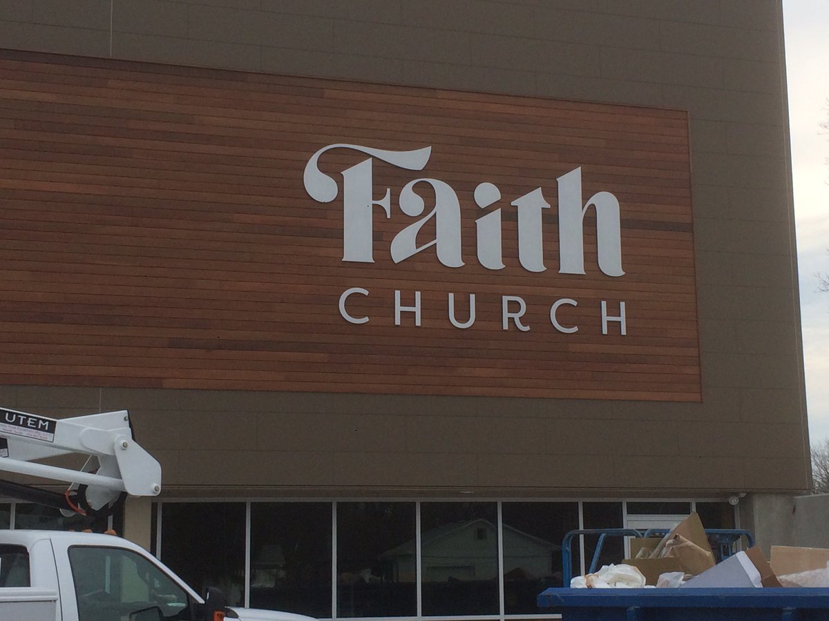 roedainc's tweet photo. We cut some #metalsubstrate with our router to create this sleek #exteriorsign for Faith Church https://t.co/dArBXfO6Om