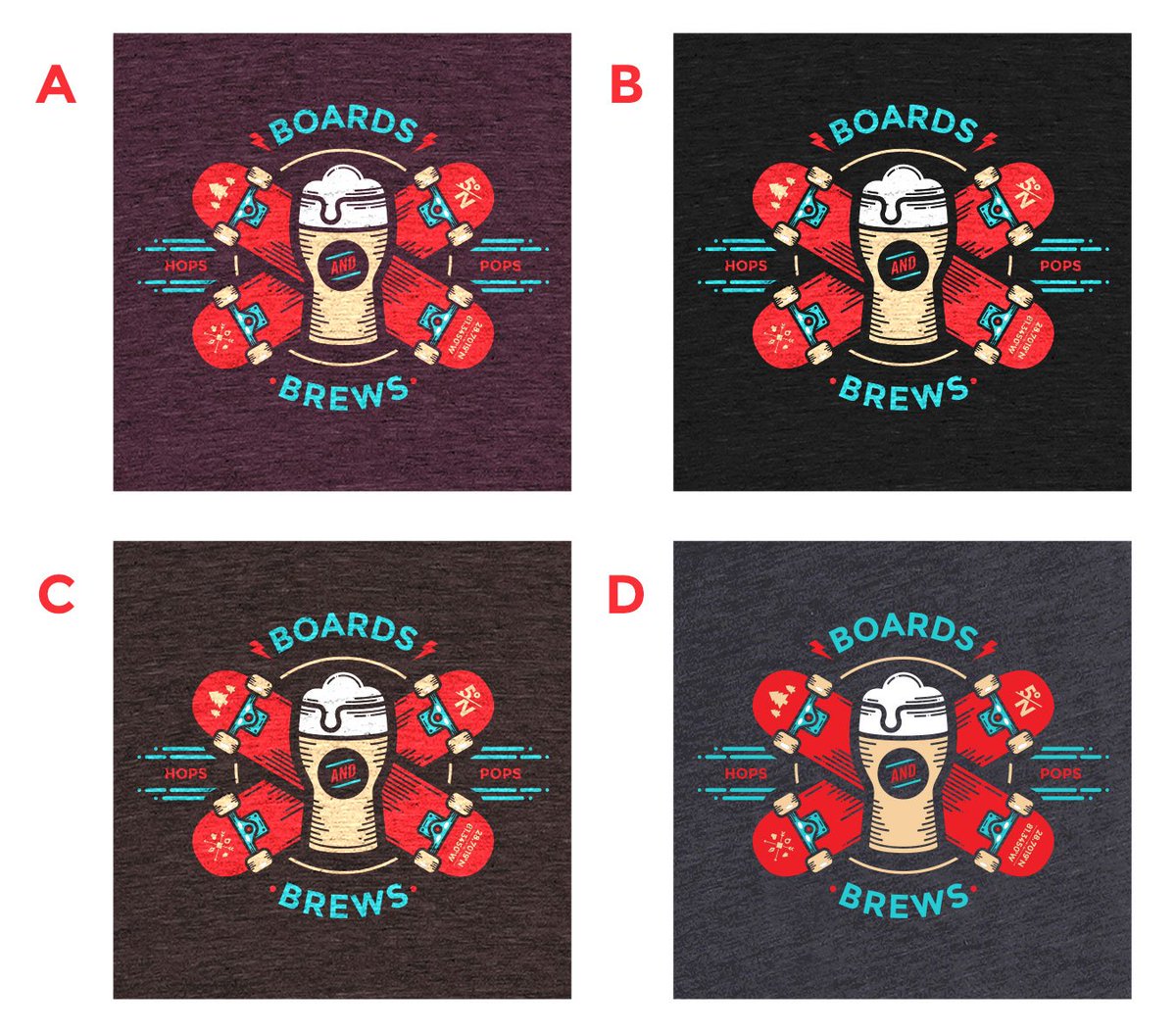 thedangerbrain's tweet image. Got a new shirt coming out on @cottonbureau later this week. What colorway is best? #beer #skateboarding