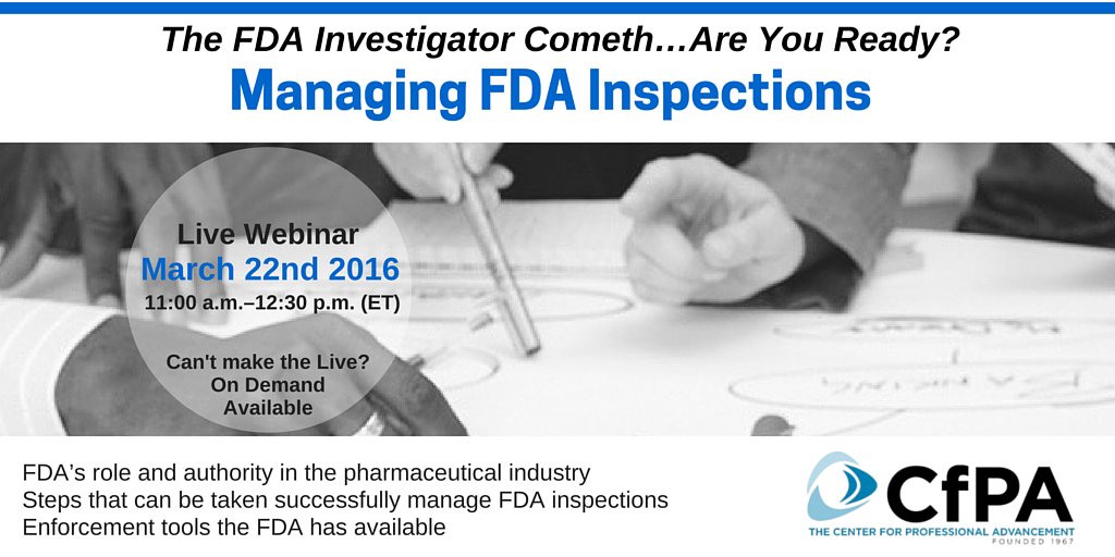 Cobblestonetrng's tweet image. #webinar Managing #FDA Inspections. Strategic steps to successfully manage #FDAinspections. bit.ly/1TDjRlW