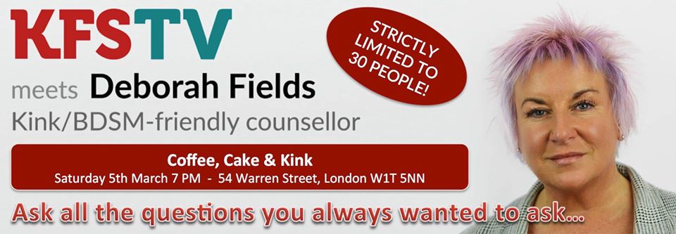 KFSmedia's tweet photo. Very few seats left for our Q&A with kink-friendly therapist Deborah Fields at @coffeecakekiss on 5th March! #KFSTV https://t.co/sA2NRqrZT5