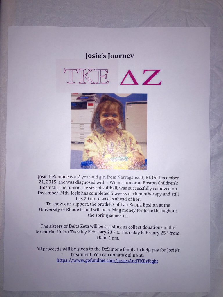 Stop by the union today to see our friends in <a href="/TKE_AlphaRho/">TKE URI</a> and <a href="/DeltaZetaURI/">Delta Zeta URI</a> and support Josie's Journey!