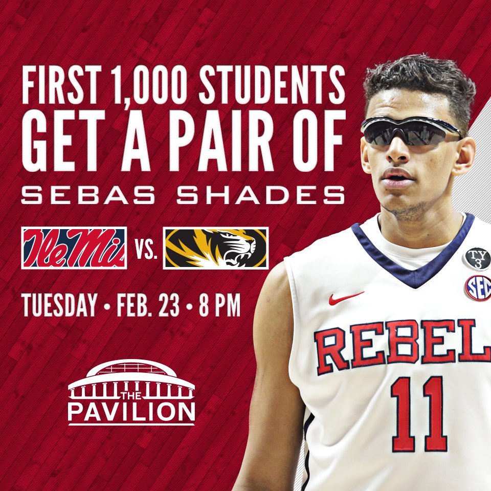 OleMissSports's tweet photo. Rebel Students! Arrive early for tonight's @OleMissMBB game and get a pair of #SebasShades! Gates open at 6:30 PM! https://t.co/oTTR6kZbGs