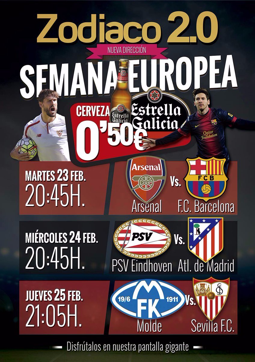 ZODIACOCOPAS's tweet photo. Empezamos la semana europea hoy Martes con el ARSENAL - BARCELONA a las 20:30h en @ZODIACOCOPAS https://t.co/BGcYXJnyB3