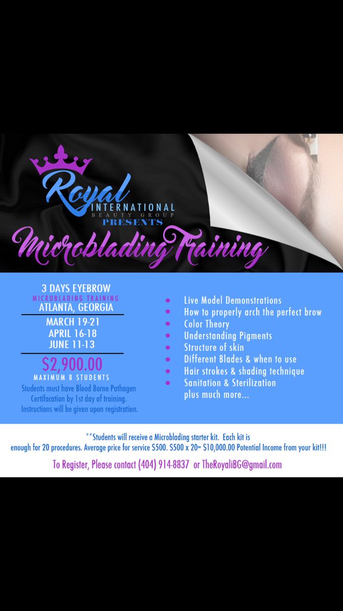 EyeMagicIntl's tweet image. Microblading Training schedule. Hands on training. ☎️404-914-8847 or 📧TheRoyaliBG@gmail.com to register.