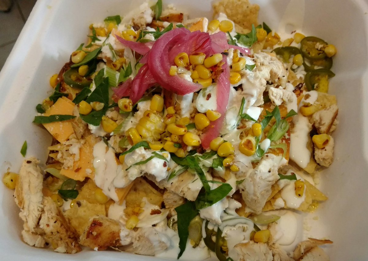 New menu items, Nachos. Queso fundido, scallions, roasted corn, Pico de Gallo, sliced jalapeños w/chicken or pork