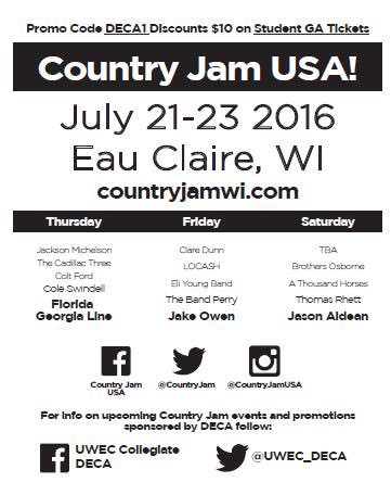 UWEC_DECA's tweet photo. Need tickets to Country Jam?!?Use our code #DECA1 and save today! #DECA #CountryJam @CountryJam #uwecCOB https://t.co/3IxUJv5tvX