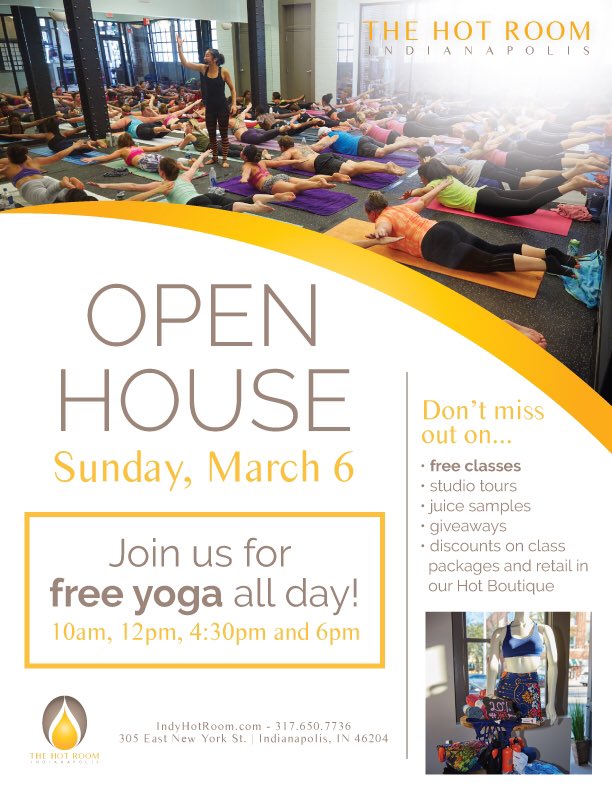 TheHotRoomYoga's tweet photo. @20somethingIndy Check out our Downtown Open House on Sunday, March 6th. Free classes all day! https://t.co/oiBoZPtKVl