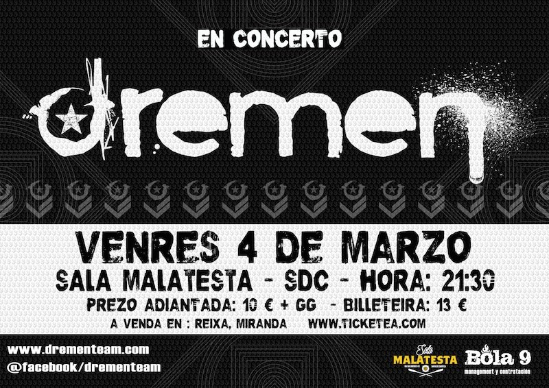 <a href="/drementeam/">DREMEN</a> /<a href="/SalaMalatesta/">Sala Malatesta</a> (SANTIAGO DE COMPOSTELA)

buenacalle.es/dremen-sala-ma…

@Tekila_Jazz <a href="/RoyleFlaco/">Roy Miranda aka Mercurio</a> <a href="/crapgalicia/">Agenda Rap Galicia</a>