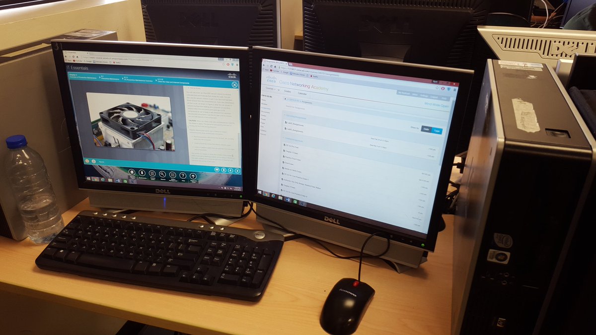 chunger0923's tweet photo. Alvaro has his computer setup with dual monitors in cworks10 @CiscoNetAcad #ITEssentials @bevfacey @eips #labbuilt https://t.co/bVFCvEwStz