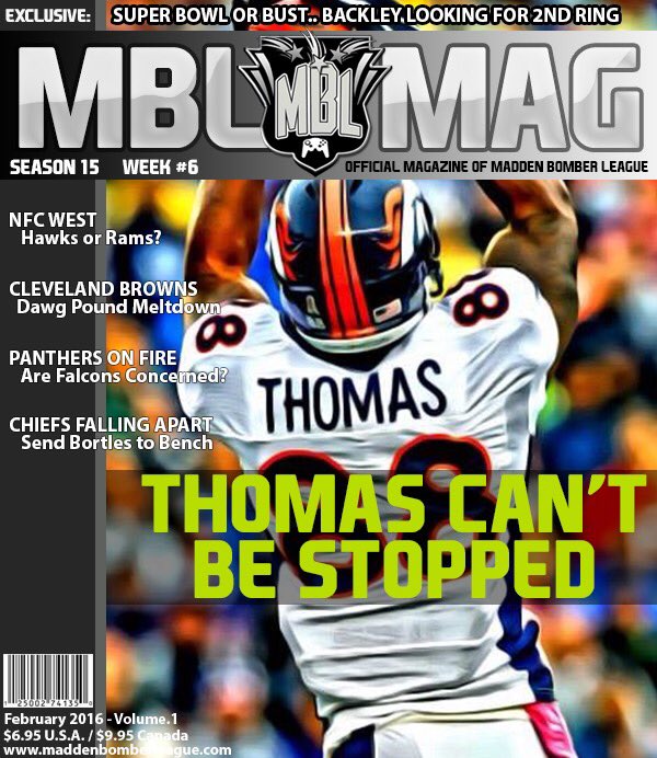 TheBomberLeague's tweet photo. The @Broncos_mbl headline the first MBL Magazine Cover! Demaryius Thomas MVP? @HOLYWOODSPORTS #Madden16  #Madden https://t.co/UpFGaGow5c