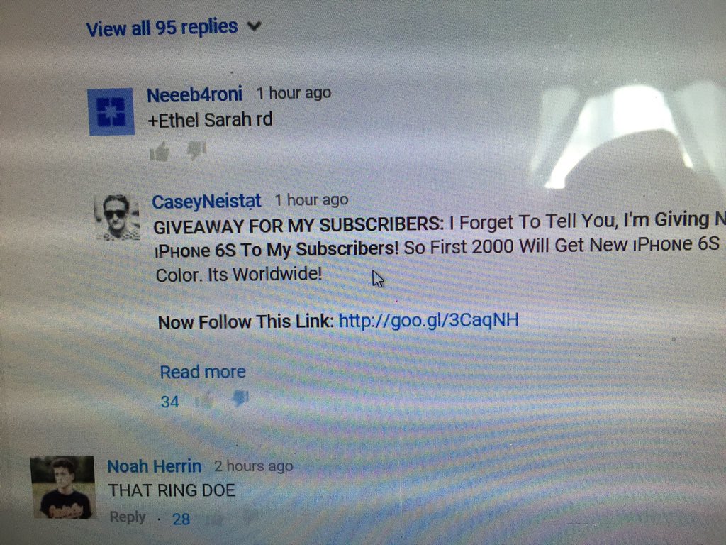 Ajidyze's tweet photo. @CaseyNeistat Someone is impersonating you on your own videos saying they're giving away free iPhones. https://t.co/jiD4rZCDPU