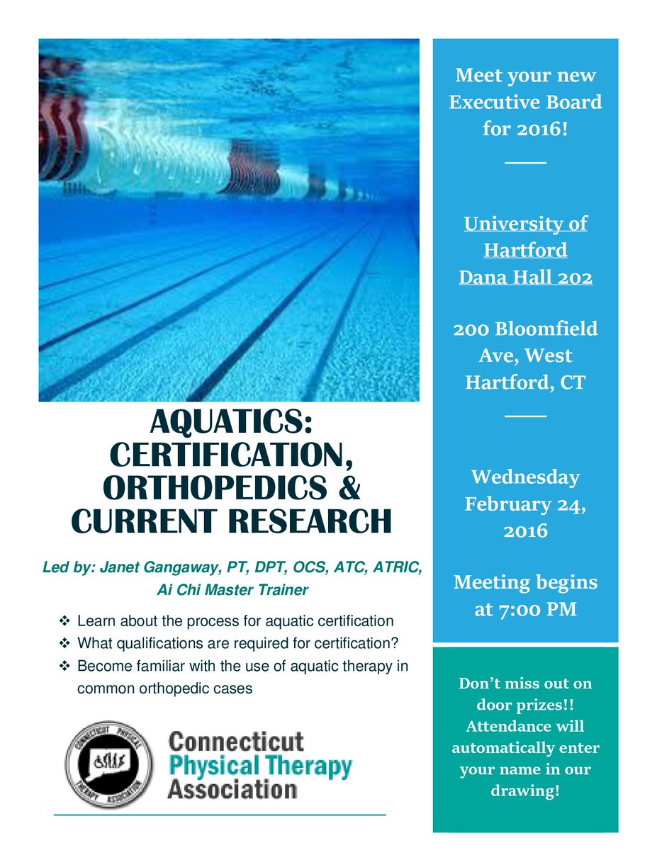 CT_SSIG's tweet photo. Join CTSSIG 7pm @ Hartford University - aquatics therapy! See flyer for more information! #dptstudent #CTSSIG https://t.co/CQjNtBFKdS