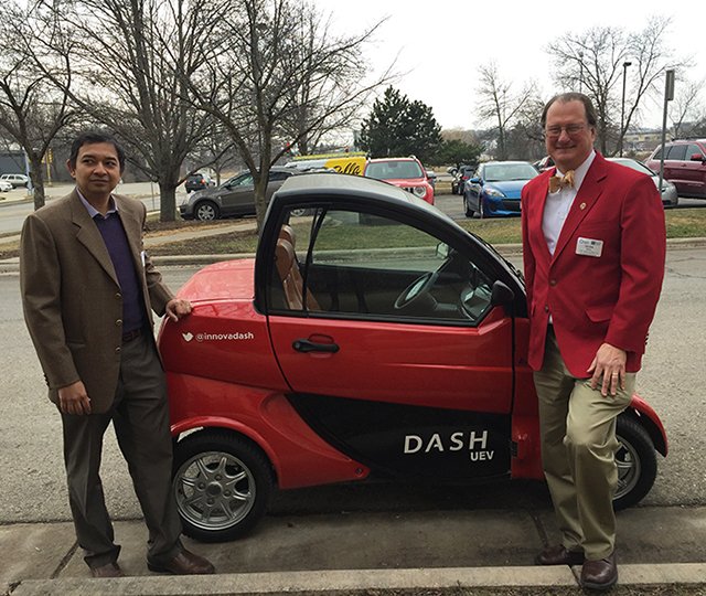 Profs Mark Hill &amp; <a href="/sumanbanerjee/">Suman Banerjee</a> show off the wheels they took to <a href="/WiscTechCouncil/">Wisconsin Technology Council</a> event today, where both spoke