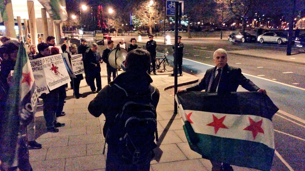 JohnMcArts's tweet photo. Firm protest @RTUKnews for cover-up of #RussianBombs v #SyrianCivilians; good public support too (cars etc) @SyriaUK https://t.co/gIcO0re4jD
