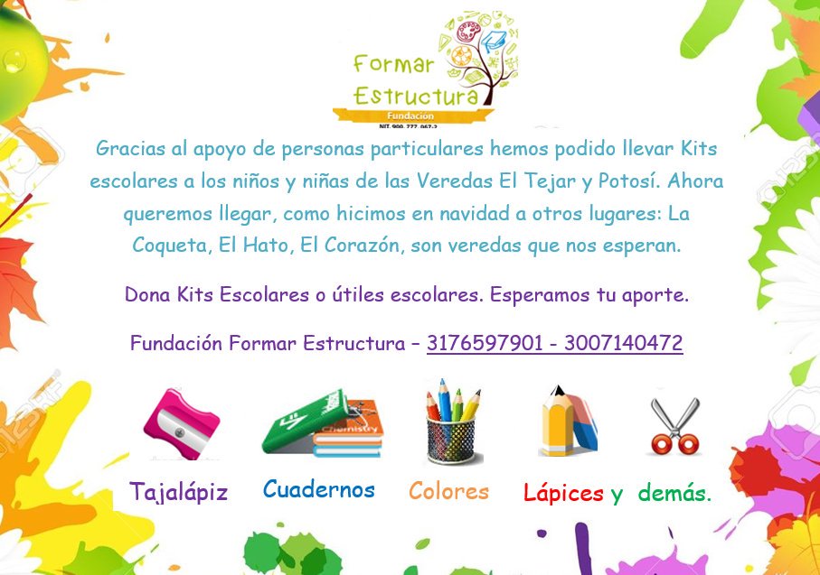 FormarFundacion's tweet photo. Este Sabado 27 de Febrero, queremos llevar kits escolares a los niños de Vereda El Tejar Apoya y haz un niño feliz! https://t.co/NtHl3gKWsN