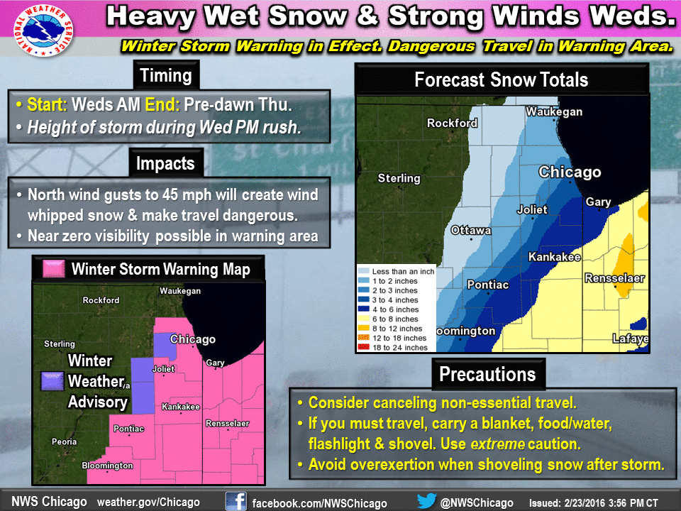 NWSChicago's tweet photo. #Winter storm impacts NE &amp; E-central IL &amp; NW IN Wed AM-Wed night. Moderate-heavy snow &amp; very strong north winds. https://t.co/T39zUkQlNI