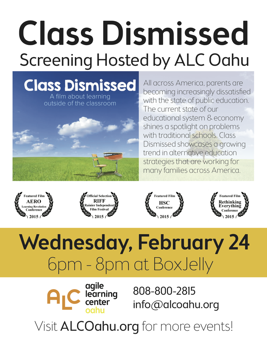 ALC_Oahu's tweet photo. RT Screening of Class Dismissed @homeschoolmovie TOMORROW @thebox
6PM! Bring family&amp;friends! https://t.co/J0becp7D2z https://t.co/YEEnWO9Lzo