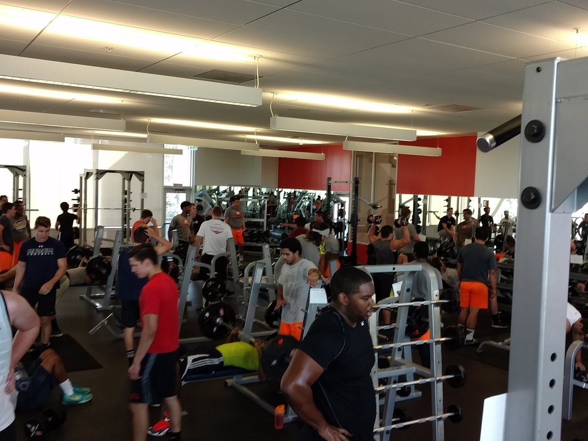 OCC football working hard in at room today...