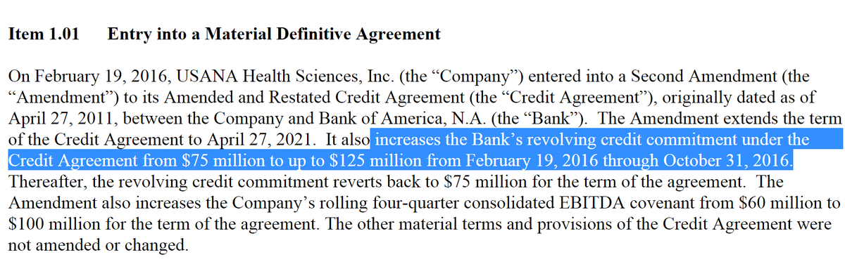 MLMMOS's tweet photo. $USNA 8-K filing: Adds $50M to revolving credit (f 75-125) & EBITDA covenant by $40M (f 60-100) / #MLMGiant SLC Utah https://t.co/s7cFQvDkmk