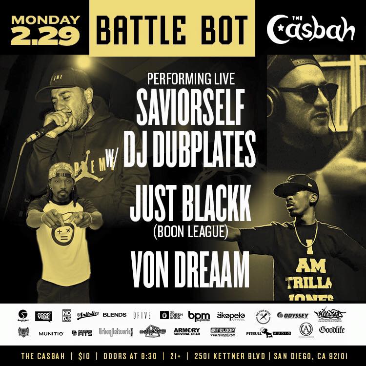 ArmoryHipHop's tweet photo. #BattleBot this Monday with performances from @saviorself1904 @justblackk @vondreaam #BattleBotSD https://t.co/F1P6Ql2BiE