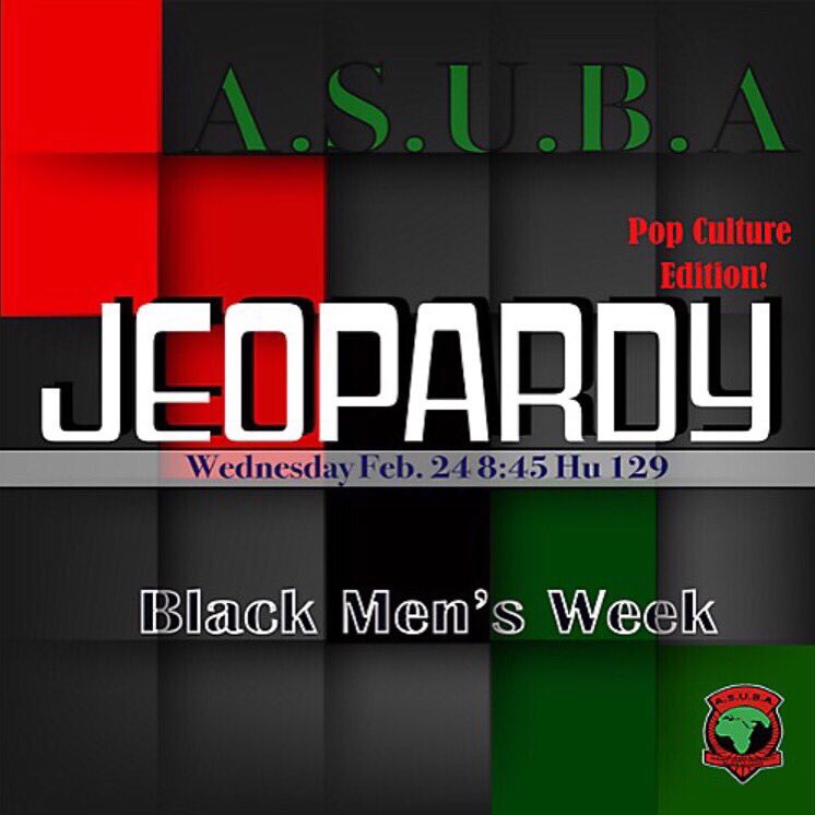 ASUBAUnity's tweet photo. 💪🏽💪🏾💪🏿 Come out tomorrow Wednesday, February 24 8:45pm in HU 129
#BlackMensWeek #ASUBA 💚❤️ https://t.co/Fr2TxWdwfB