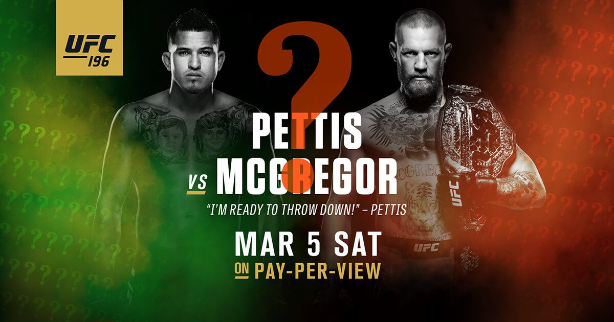 UFCONFOX's tweet photo. What about @ShowTimePettis vs. @TheNotoriousMMA at #UFC196? Who likes the sound of that fight?! https://t.co/MIT1ytMuAm