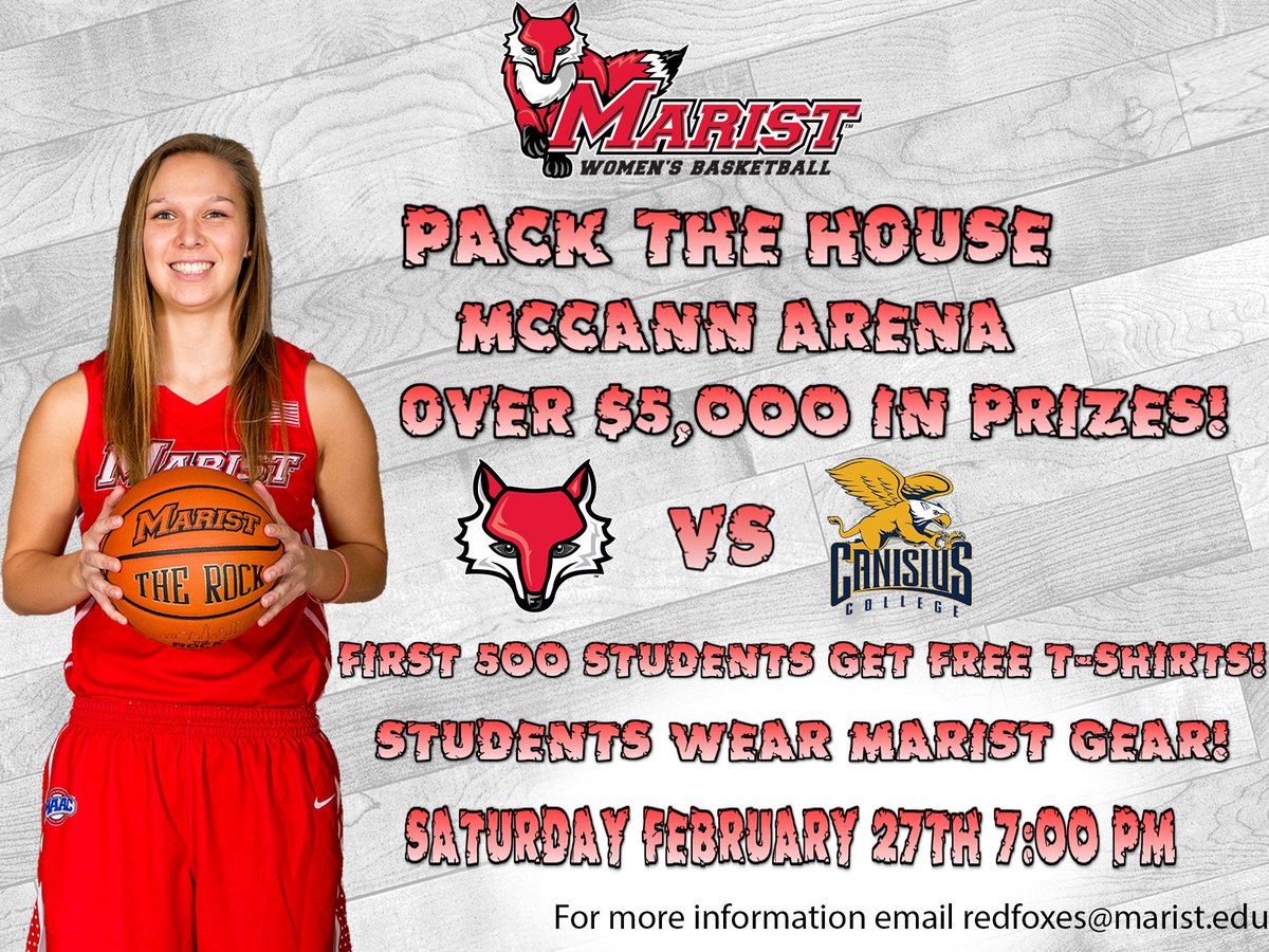 MaristPTH's tweet photo. 3 days! Are you ready to #PACKTHEHOUSE? 
First 500 get free t-shirts!
$5000 worth of prizes!
Wear Marist Gear!!! https://t.co/9JfZhA4owm