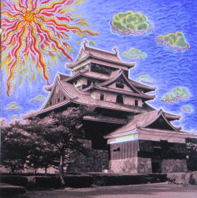 clix2pix's tweet photo. My #mixedmedia art "Traditional Patterns,Surreal Skies-2" (#SamuraiCastle) @ #CultureBridge show @DANKhaus #Chicago https://t.co/zfKitGmUCx