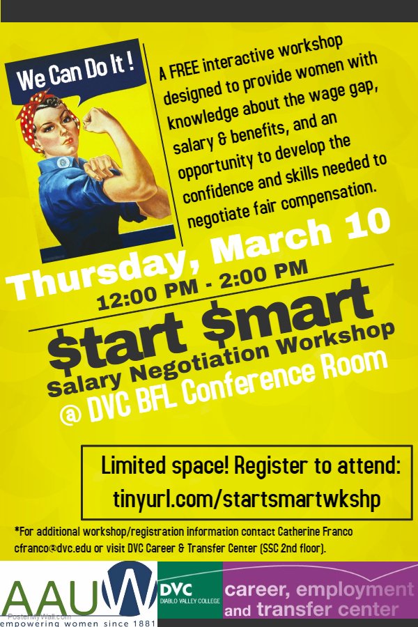 DVC_EOPS's tweet photo. Ladies! Join us on March 10th to learn about the wage gap and ways to negotiate your salary #AAUW #Equality https://t.co/bzMvsaknhx