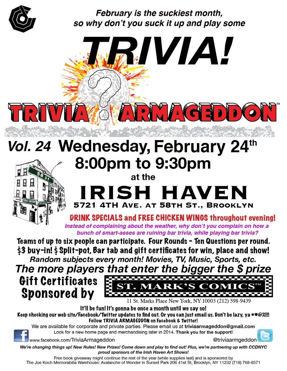 BklynComicsMore's tweet photo. 2/24/16 @Irish_Haven 8pm Drink Specials Free Chicken Wings cash prizes gift certificates see pic #TriviaTuesday https://t.co/K38sbPiWaH