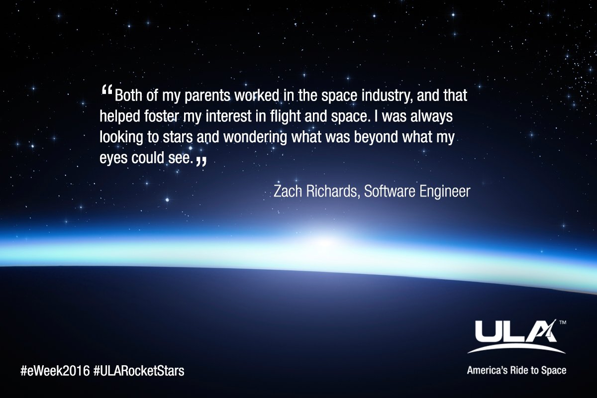 ulalaunch's tweet photo. Zach Richards, ULA:I was always looking to stars,wondering what's beyond what my eyes see #ULARocketStars #eWeek2016 https://t.co/udXq8a2Hwu
