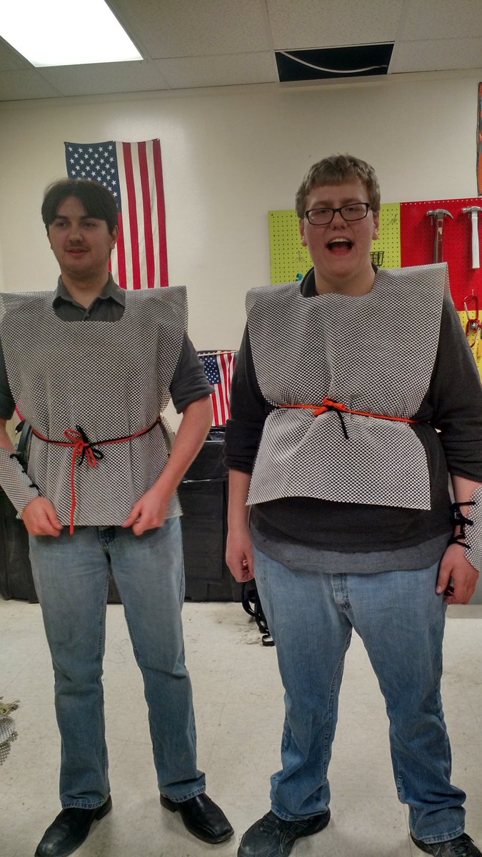 Some of our happy members dressing in the finest armor! #omgrobots #buildseason #bagitday #FIRSTSTRONGHOLD #medieval